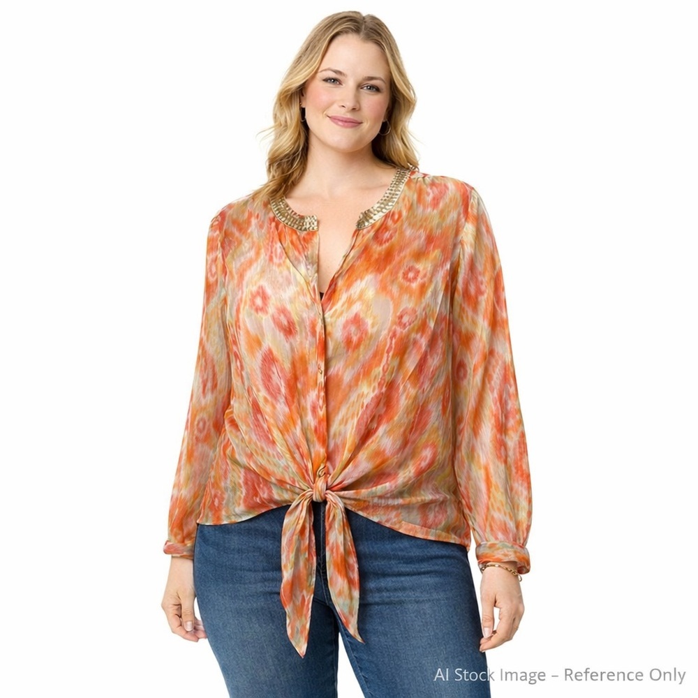 Chico's Orange Tie-Front Blouse Medium Beaded Neckline